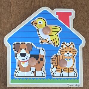 Melissa & Doug Blue House Animal Wooden Peg Puzzle - Dog, Cat & Bird
